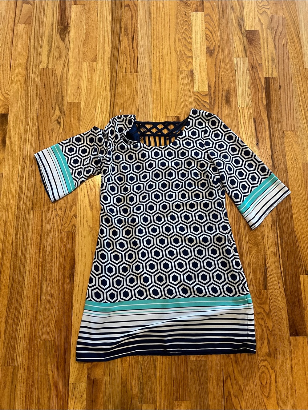 Luxology Navy and White Geometric Tunic with Teal Stripe Accents